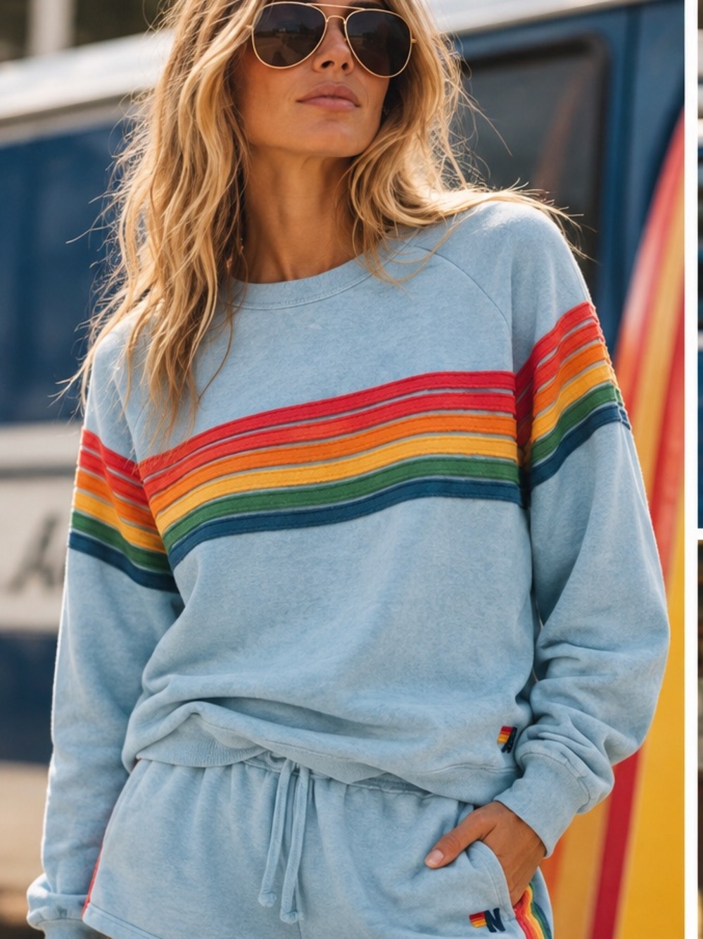 Aviator Nation Light Blue Rainbow Stripe Crewneck Sweatshirt Size S